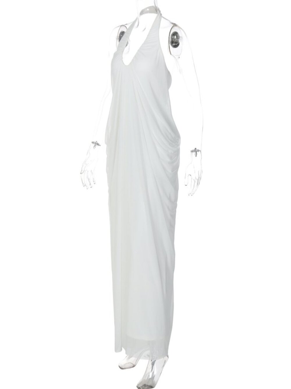 Stunning Sheer Mesh Overlay Halter Dress | Chic White Backless Sundress - Picture 3 of 8